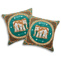 Elegant Thai Elephant Velvet and Pearls Set of 2 Square Pillow Covers - Lt Green - £32.80 GBP