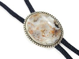 Silver Tone Roll Edge Brown Marble Bolo Neck Tie Gold Tone Ends Blue Cor... - £31.56 GBP