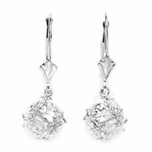 14K White Gold White Sapphire Large Disco Ball Drop Lever Back Earrings - £143.69 GBP