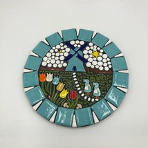Vintage Mosaic Blue Ceramic Tile Art Trivet Round Windmill Country Farm House - £23.31 GBP