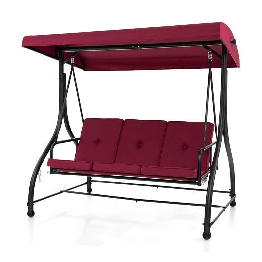 3 Seat Outdoor Porch Swing with Adjustable Canopy-Wine - Color: Wine - $389.32