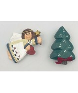 Two (2) Wooden Angel w/ Heart &amp; Star and Tree Holiday Christmas Brooch Pins - £7.44 GBP