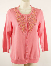 Talbots Women Beaded Cardigan Sweater M Medium Pink Coral 3/4 Sleeve Embellished - £22.31 GBP
