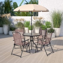 Patio Set 6-Piece Table Folding Chairs Brown Umbrella Garden Backyard Fu... - $317.91