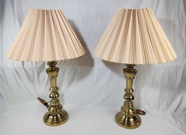 Pair of Vintage Brass Candlestick Table Lamps 30&quot; Pleated Lampshades 3-Way - $177.64