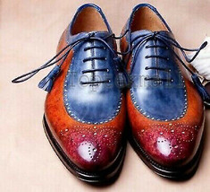 Handmade Men&#39;s Leather Lace Up Genuine Two Tone Blue Maroon Vintage Shoes-902 - $218.49