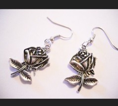 Rose Earrings Antiqued Silver Dangle Flower Jewelry Floral 1.5&quot; Stainless Steel - £7.11 GBP