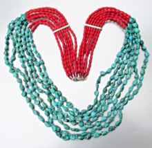 Silver Express Sally C Treasures 7 Strand Coral Turquoise Vtg Necklace - $128.65