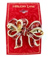 Holiday Lane seasonal dress pin NIB Beautiful red Rhinestone &amp; Gold bow - £9.44 GBP
