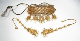 Estate Gold Plated India Crystal Pearl Necklace & Earrings Set C1905 - £112.63 GBP