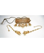 Estate Gold Plated India Crystal Pearl Necklace &amp; Earrings Set C1905 - £113.32 GBP