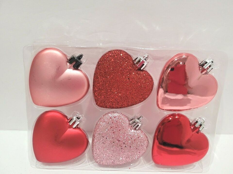 Primary image for Valentines Day Pink Red Glitter Hearts 2.5" Plastic Tree Ornaments Decor 6pc