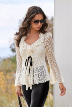 Boston Proper Lace Knit Ruffle Tunic Top Off White Embroidered Boho Y2K ... - $39.59