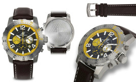 NEW Aubert Freres 14137 Mens Alton Chrono Date Grey/Yellow Dial Brown Band Watch - £63.65 GBP