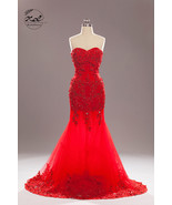 Design Handmade Beading Lace Mermaid Evening Party Dress Prom dresses Tulle Red - $492.37 CAD