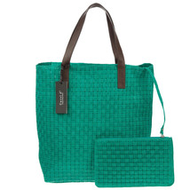 CAROL J Italian Made Turquoise Green Woven Embossed Leather Tote Bag with Pouch - £362.40 GBP