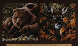 24&quot; X 44&quot; Panel Brown Bears Cubs Deer Northwoods Wildlife Animals Cotton D568.79 - £7.31 GBP