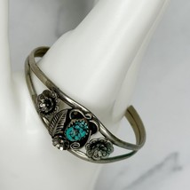 Vintage Turquoise Floral Flower Silver Tone Childs Cuff Bracelet - $98.99