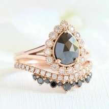2.20 Ct Halo Pear Cut Black Diamond 14k Rose Gold Fn Engagement Bridal Ring Set - £138.90 GBP