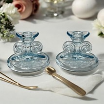 Vintage Azure Blue Fostoria Versailles Etched Glass Single Scroll Candle... - £57.82 GBP