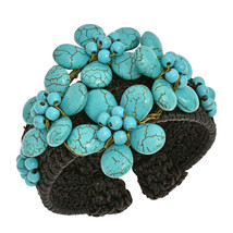 Bohemian Floral Cotton Rope Blue Turquoise Stone Wide Cuff Bangle - £14.43 GBP