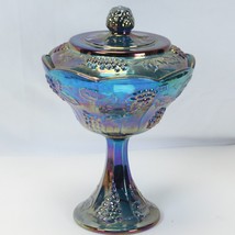 Indiana Glassware Beautiful Blue Grape Carnival Glass Footed Compote w/ lid - £61.68 GBP