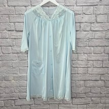 Vintage Shadowline Baby Blue Nylon Robe Lace Floral Trim Size S 37&quot; long Button - £27.59 GBP