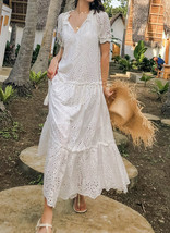 Women&#39;s Hippie Ruffle Drawstring V-neck COTTON Tiered Dress in White AU ... - $69.99