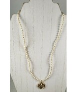 Coldwater Creek Necklace Faux Pearls Beaded Stamped Floral Pendant 20&quot; - $25.27 CAD