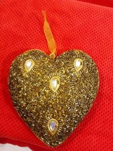 Vintage Large Gold Sequin and Beaded Heart Ornament Golden Yellow Heart - £9.34 GBP