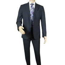 Men Suit BERLUSCONI Italian Wool 180's Pin Stripe One Button Peak UGS95-01 Navy image 5
