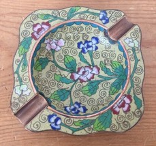 Antique Handcrafted Cloisonne Copper Brass Chinese Floral Yellow Ashtray... - $39.99