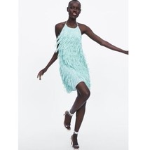 Zara Mint Teal Sea Green Fringe Backless Halter Dress Festival Boho Party  Small - $45.59