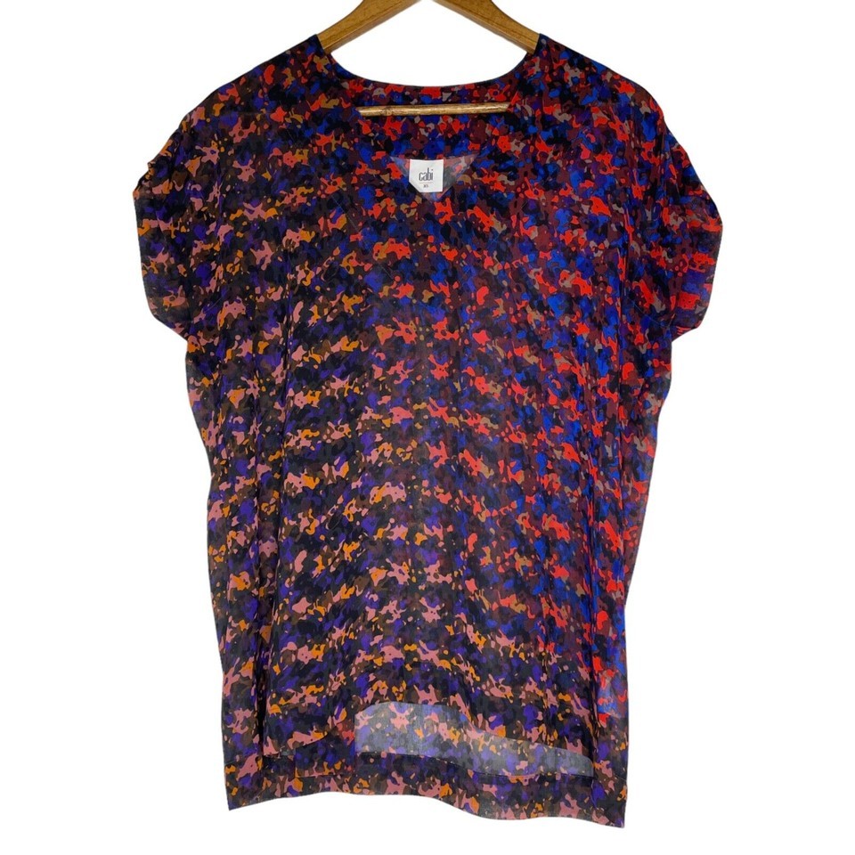 Cabi Purple Geometric Cap Sleeve V-Neck Sheer Shirt Size XS Women’s - $12.00