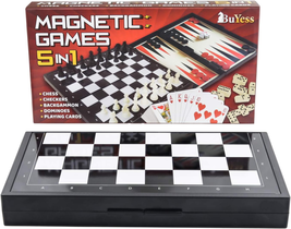 5 in 1 Magnetic Chess Checkers Dominoes Backgammon and Cards Set, Mini Travel Si - £11.86 GBP