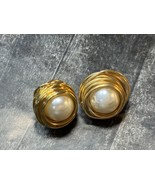 Wire Wrapped Faux Pearls Vintage Gold Tone Pierced Earrings - $4.99