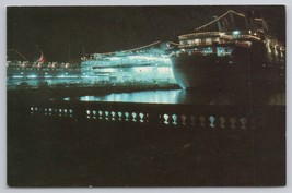 San Juan Puerto Rico Night Pier Cruise Ship Rahola Plastichrome Vintage Postcard - $14.45