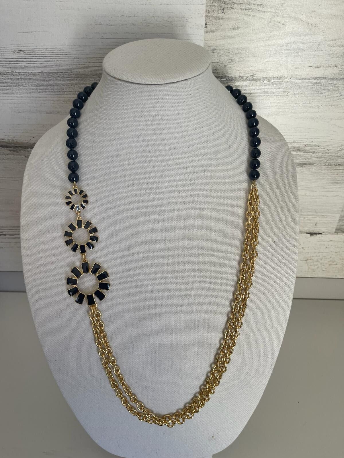 Talbots Adjustable Navy Blue Double Strand Chain Beaded Necklace NEW - $14.24