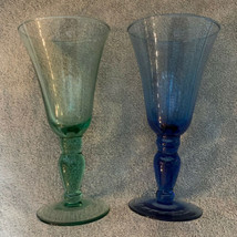 2 Hand Blown Water Tea GOBLETS Glasses Blue &amp; Green with Tulip Shape Bulb Stem - £15.97 GBP