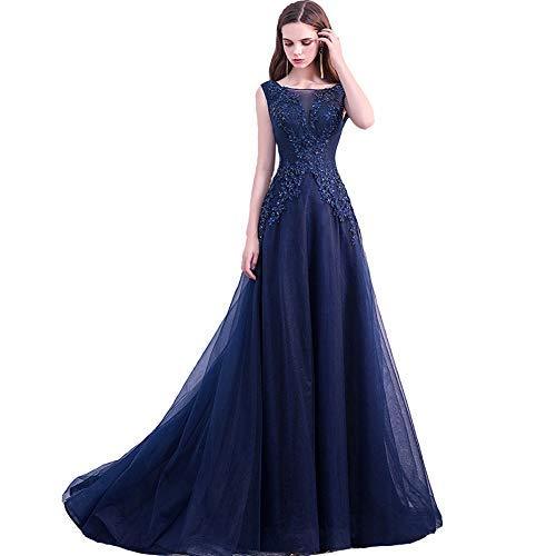 Kivary Women Sheer Bateau Beaded Lace Long Formal Prom Evening Dresses Dark Navy
