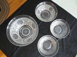 4 ANCHOR HOCKING Pressed SANDWICH Glass 9&quot;, 7 1/2&quot;, 6 1/2&quot; (2) CRYSTAL B... - $20.00