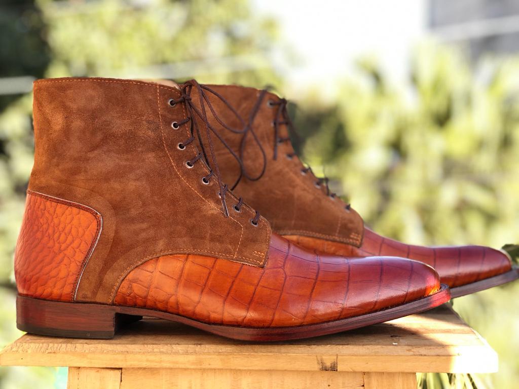 Handmade Men’s Brown Tan Suede Crocodile Leather Boots, Men Lace Up Fashion Boot