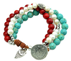 Beaded Three Strand Turquoise Howlite Red Coral Pearl Owl Charm Bracelet - £18.82 GBP