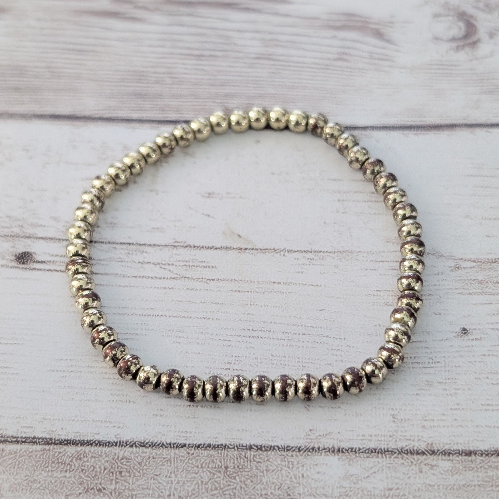 Vintage Stretch Bracelet - Gold Tone Beads - Tarnished - $7.99