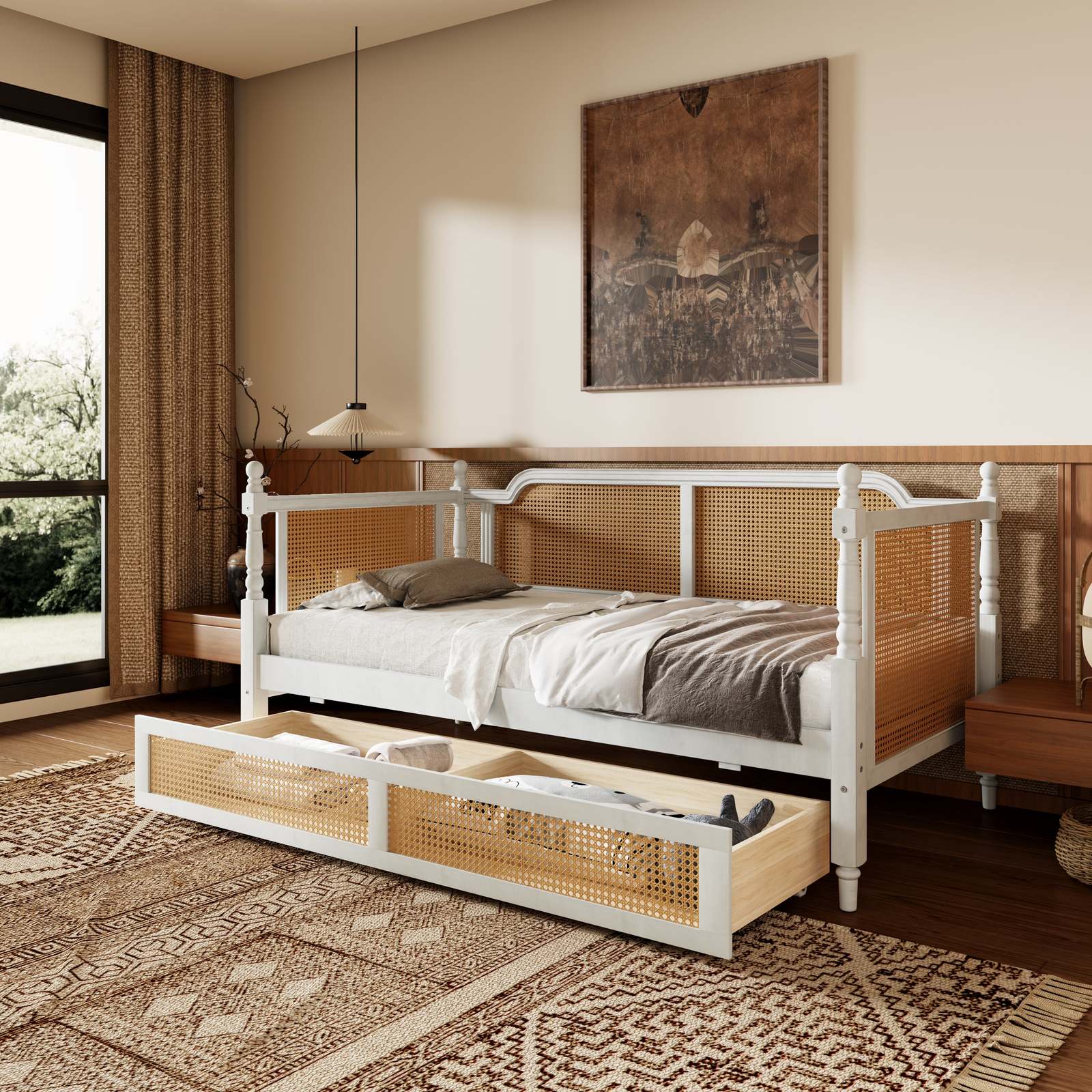 Rattan Twin Daybed with Drawers, Antique White Solid Pine Wood Item image 5