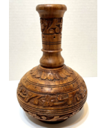 Vintage Carved Wood Floral Handmade Asian Middle East Vase 7.5 inches - £32.18 GBP