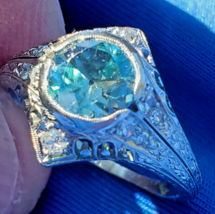 Blue Zircon Diamond Platinum Filigree Deco Engagement Ring Gatsby era Antique - $16,145.25