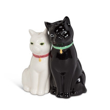 Salt Pepper Cat Shaker Set Cuddling Couple Ceramic 3.75" High Gift Black White