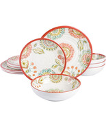 Laurie Gates Brick Floral Ripple 12 Piece Melamine Dinnerware Set in Red - $77.41 CAD