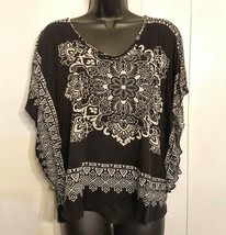 Lavish Black Mandala Floral Print Shirt sz Medium Flutter Sleeve Rayon Knit Top - £13.38 GBP